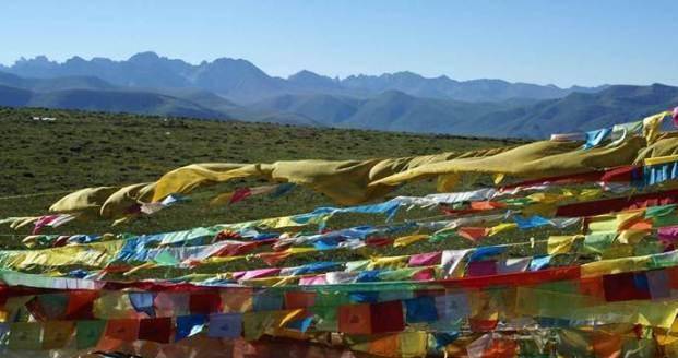Prayer flags on the hillside in Tibet.